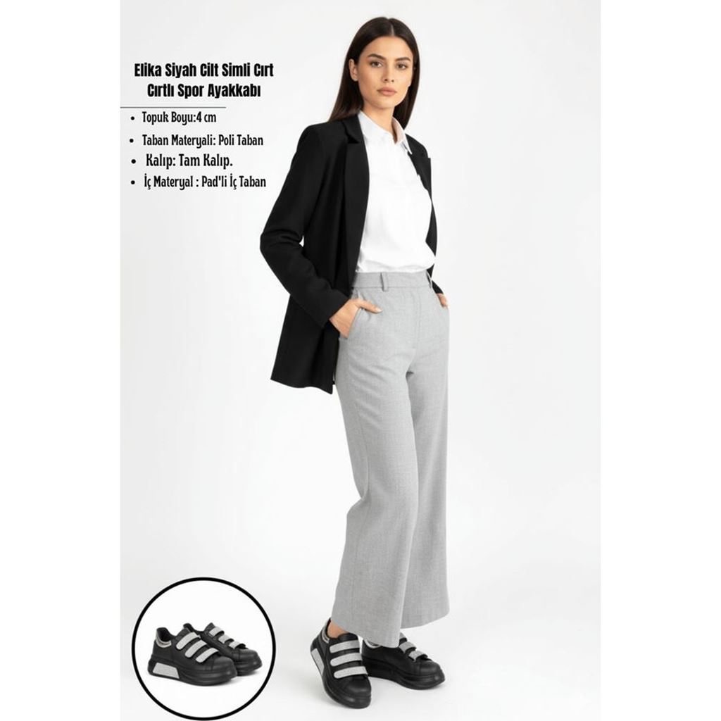 Elika Siyah Cilt Simli Cırt Cırtlı Spor Ayakkabı