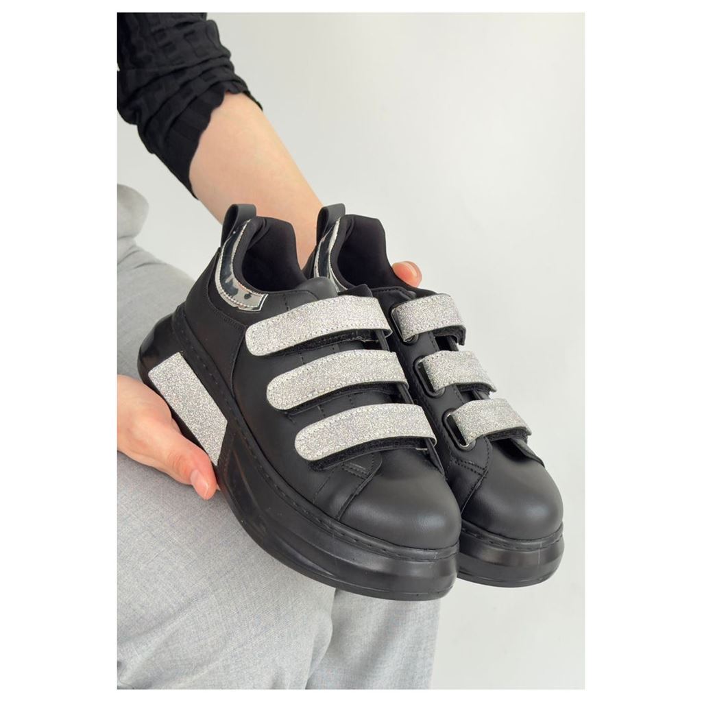 Elika Siyah Cilt Simli Cırt Cırtlı Spor Ayakkabı