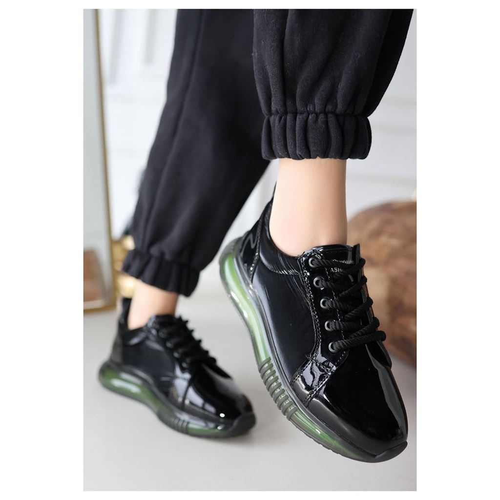 Piona Siyah Rugan Yeşil Tabanlı Spor Ayakkabı