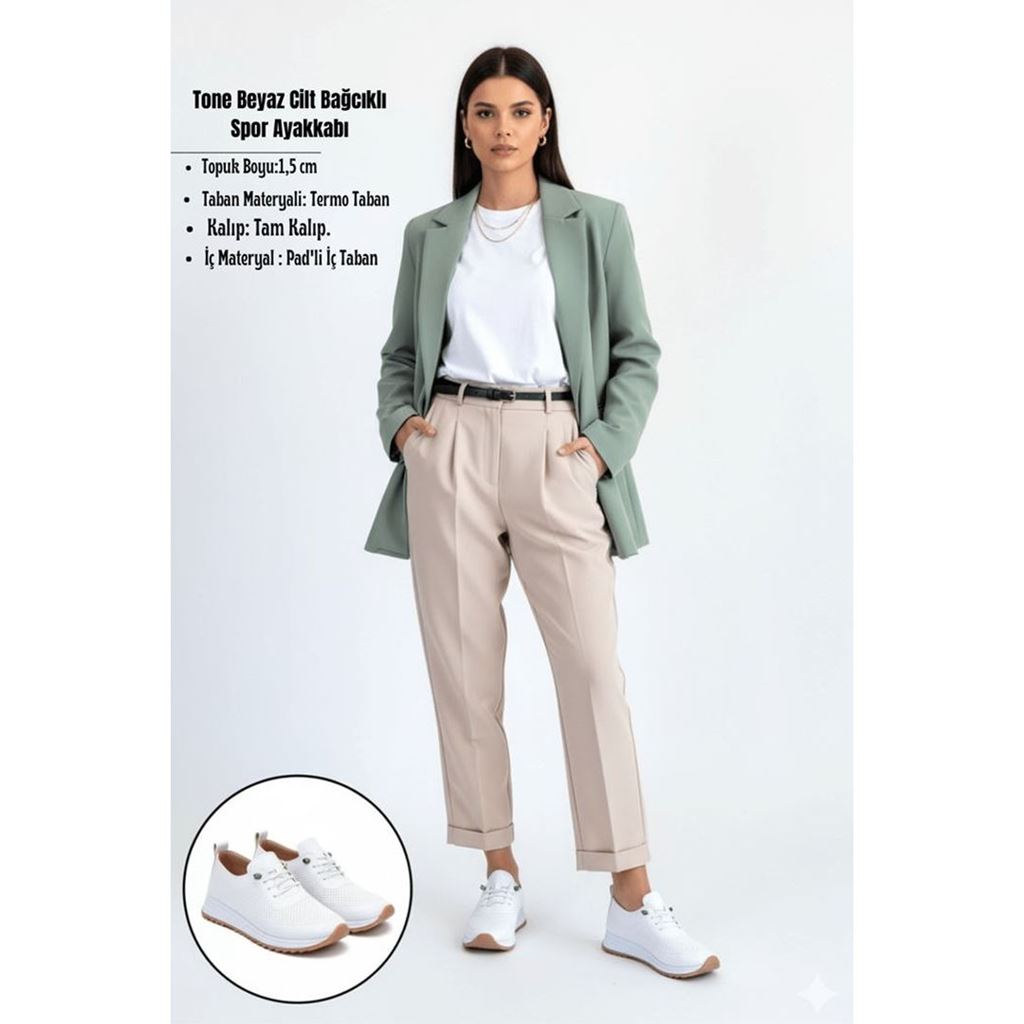 Tone Beyaz Cilt Bağcıklı Spor Ayakkabı