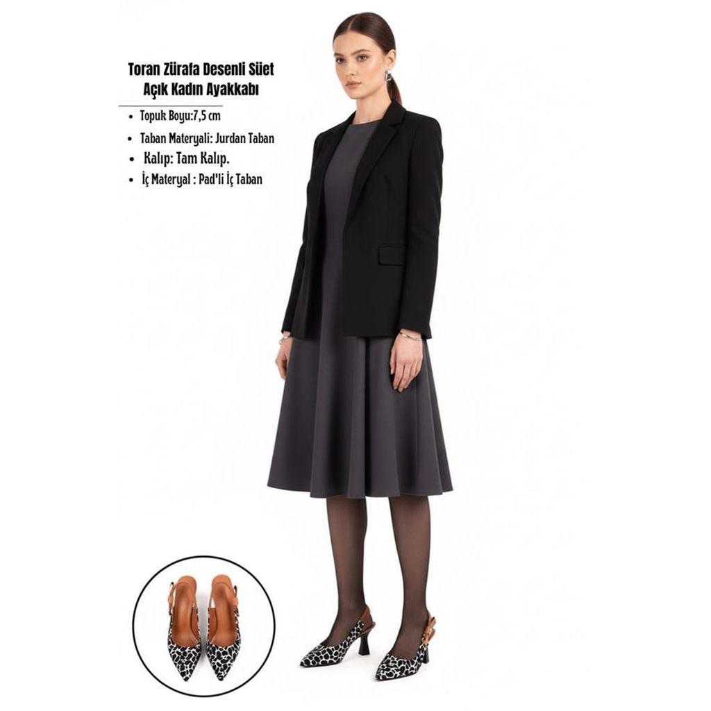 Toran Zürafa Desenli Süet Sivri Burun Kadeh Topuk Arkası Açık Kadın Ayakkabı