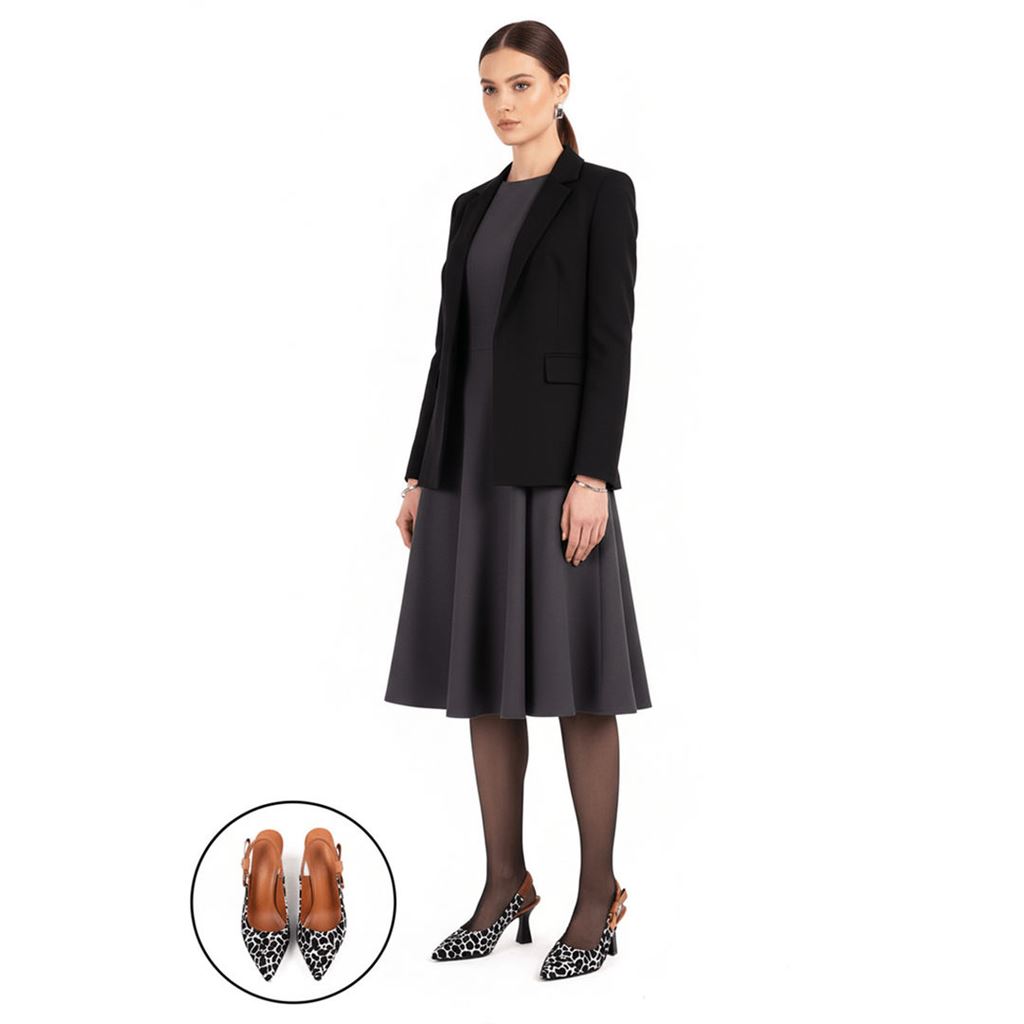 Toran Zürafa Desenli Süet Sivri Burun Kadeh Topuk Arkası Açık Kadın Ayakkabı