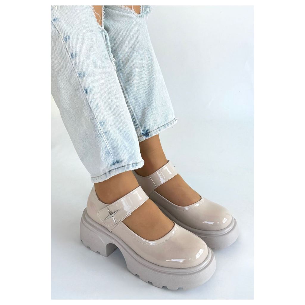 Siyat Bej Rugan Traktör Tabanlı Bantlı Kadın Platform Ayakkabı