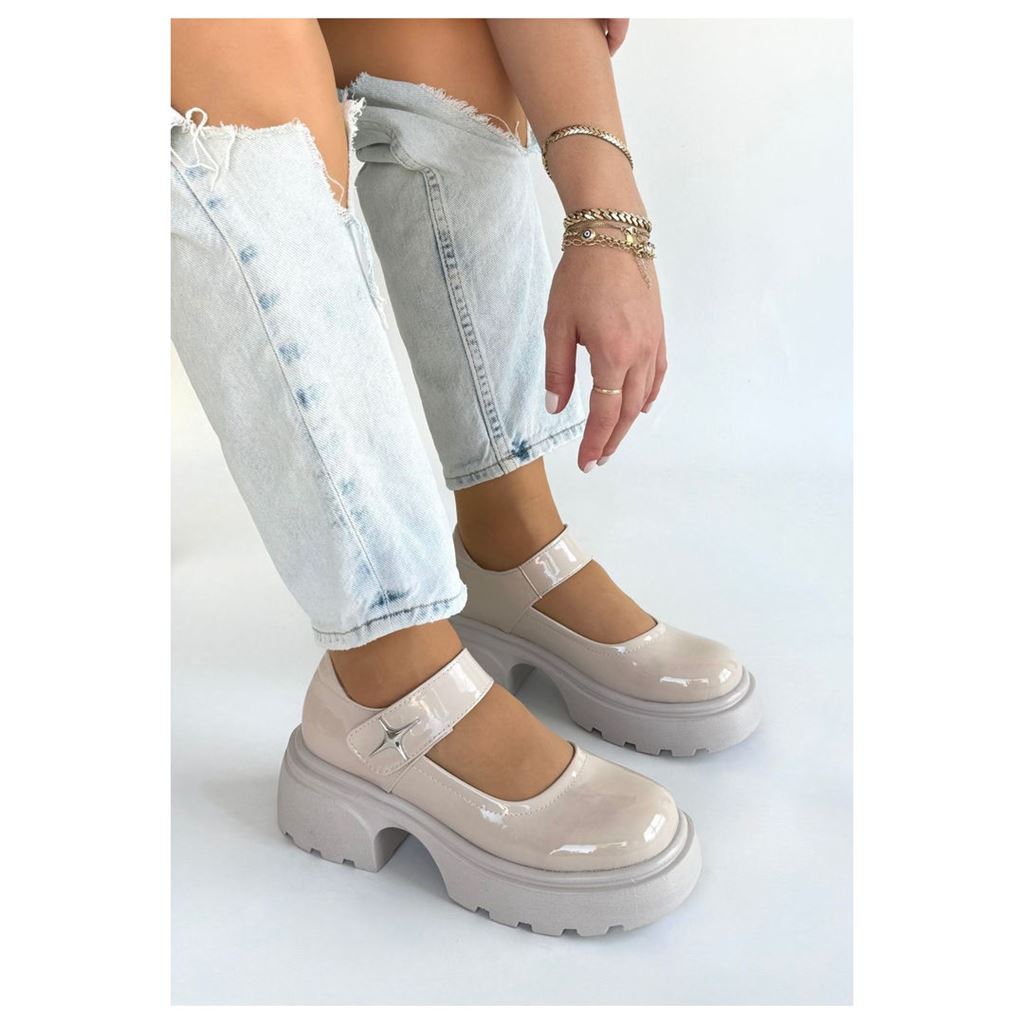 Siyat Bej Rugan Traktör Tabanlı Bantlı Kadın Platform Ayakkabı