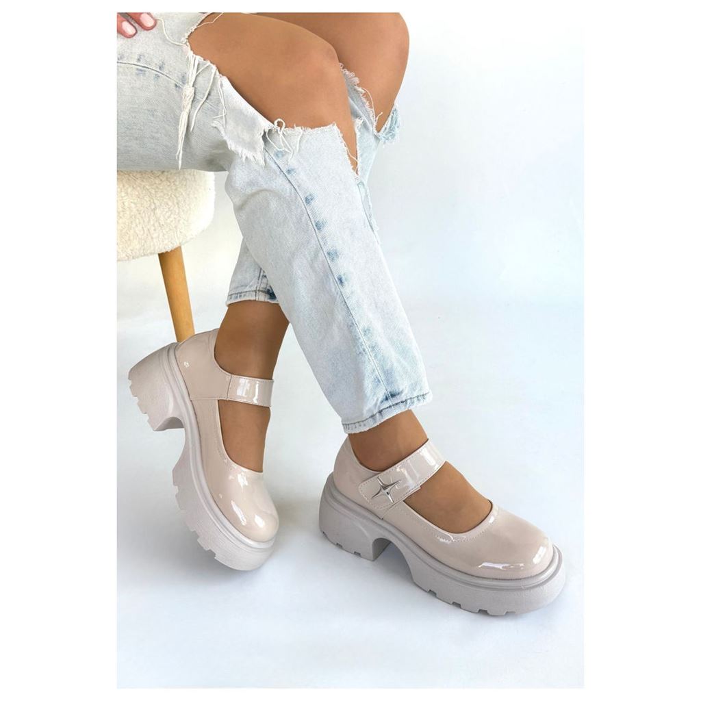 Siyat Bej Rugan Traktör Tabanlı Bantlı Kadın Platform Ayakkabı