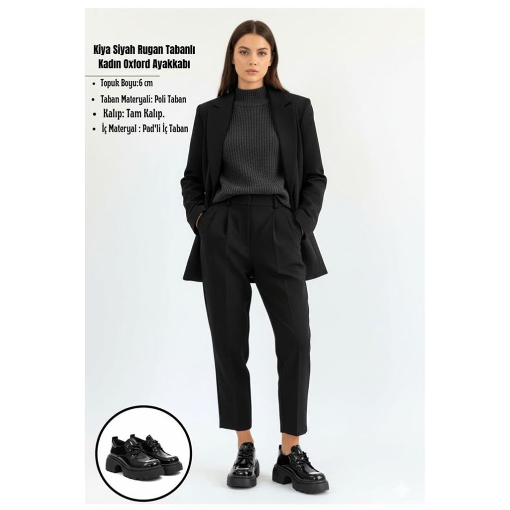 Kiya Siyah Rugan Metal Aksesuarlı Traktör Tabanlı Kadın Oxford Ayakkabı