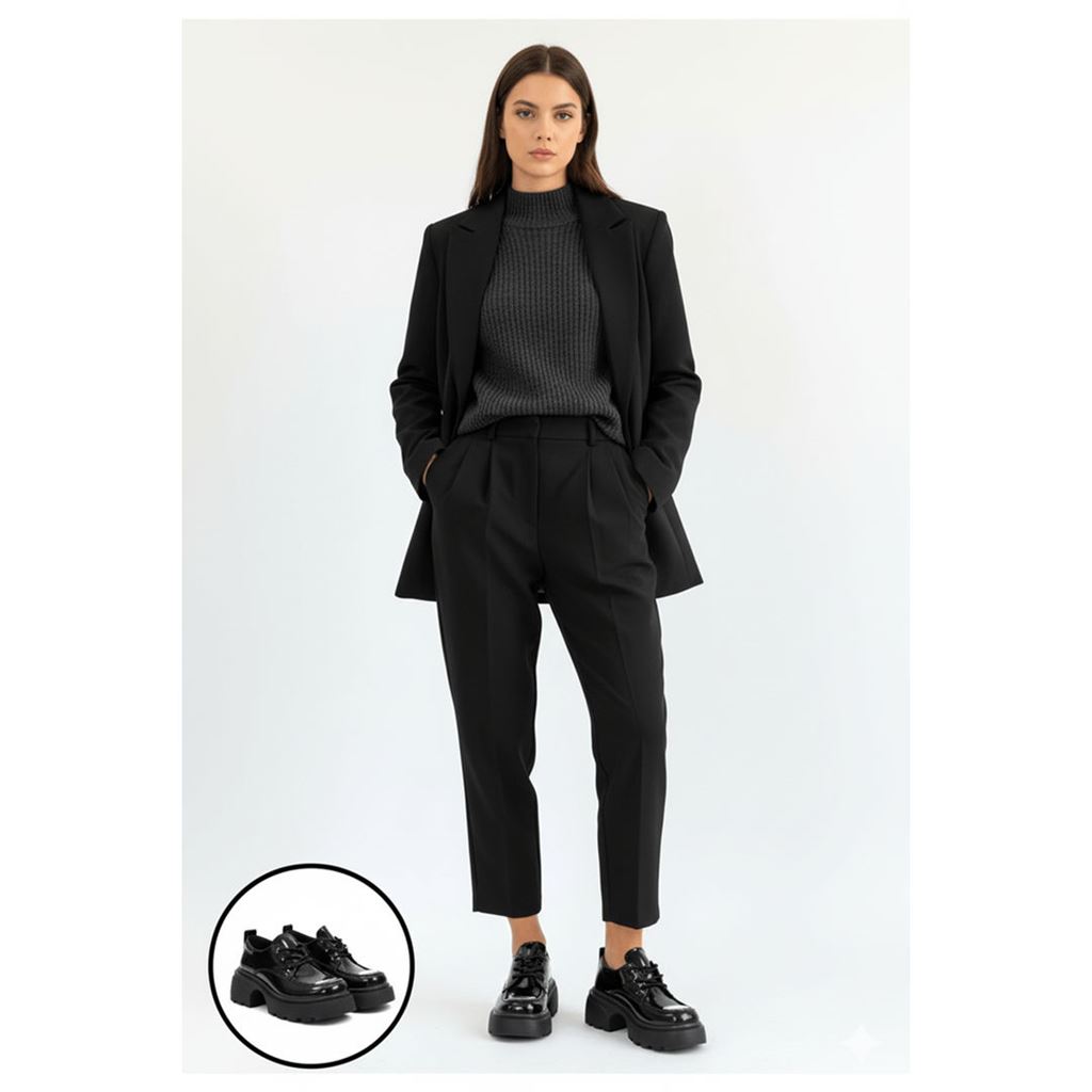 Kiya Siyah Rugan Metal Aksesuarlı Traktör Tabanlı Kadın Oxford Ayakkabı