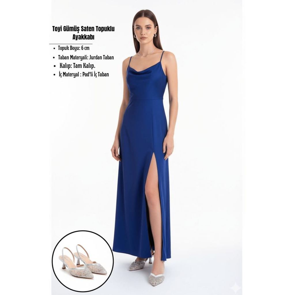 Toyi Gümüş Saten Topuklu Ayakkabı
