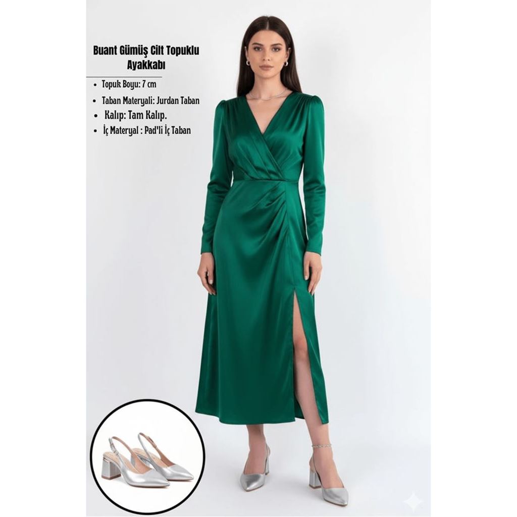 Buant Gümüş Cilt Topuklu Ayakkabı