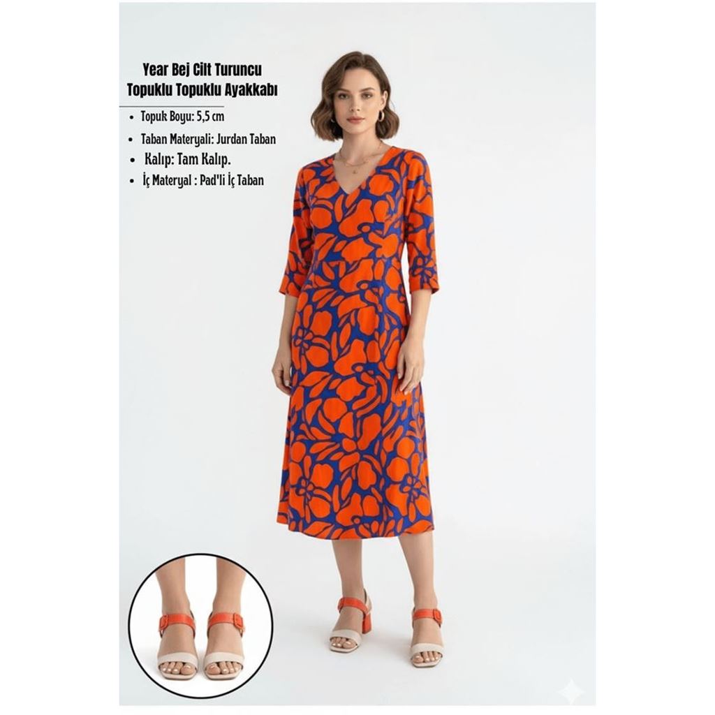 Year Bej Cilt Turuncu Detaylı Turuncu Topuklu Topuklu Ayakkabı
