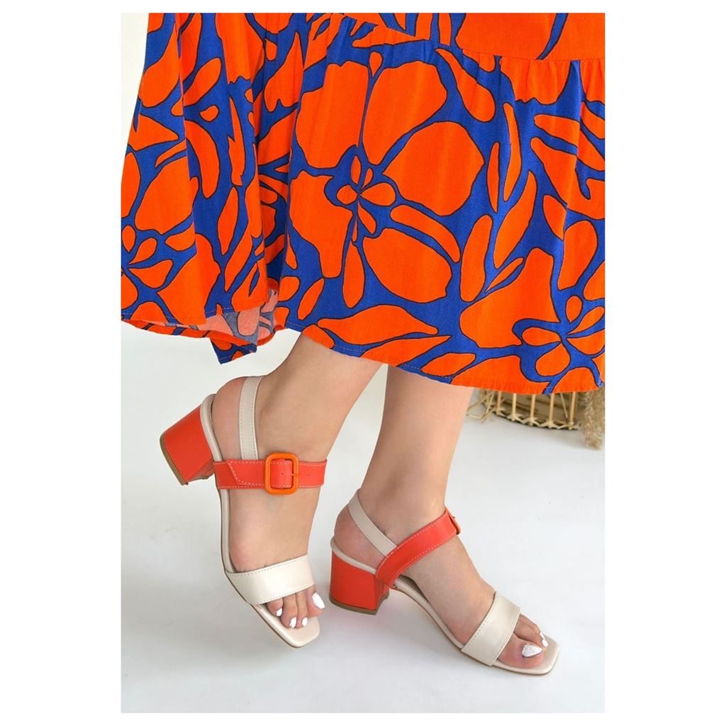 Year Bej Cilt Turuncu Detaylı Turuncu Topuklu Topuklu Ayakkabı