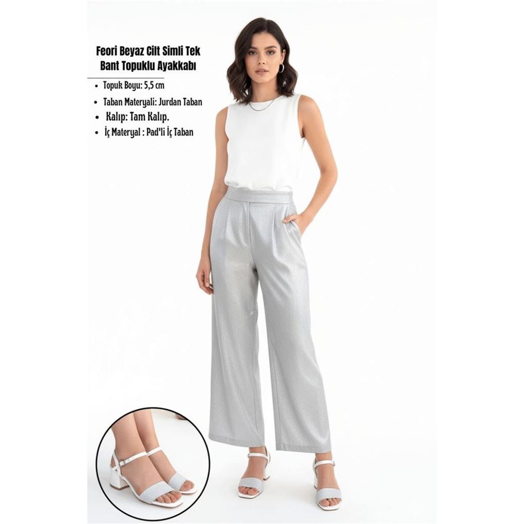 Feori Beyaz Cilt Simli Tek Bant Topuklu Ayakkabı
