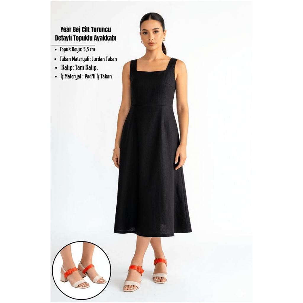 Year Bej Cilt Turuncu Detaylı Topuklu Ayakkabı