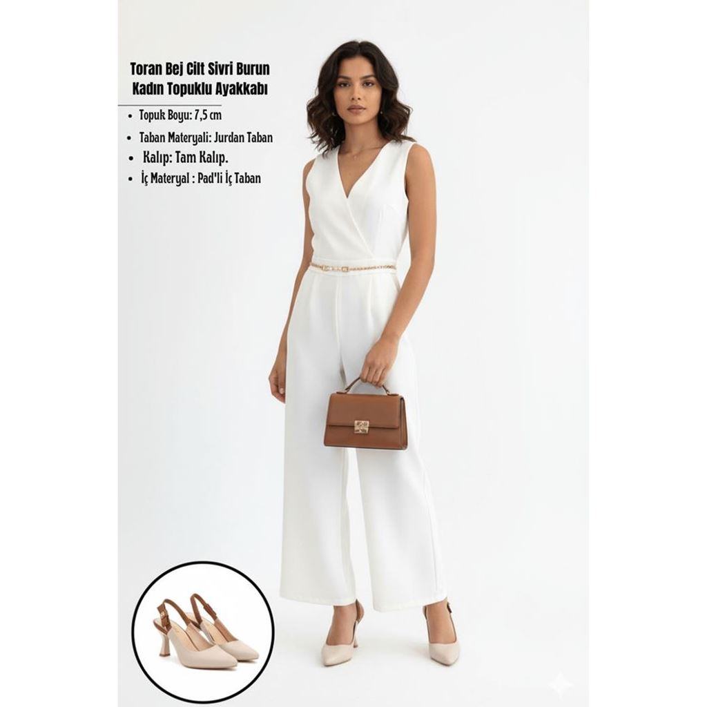 Toran Bej Cilt Sivri Burun Kadeh Topuk Arkası Açık Kadın Topuklu Ayakkabı
