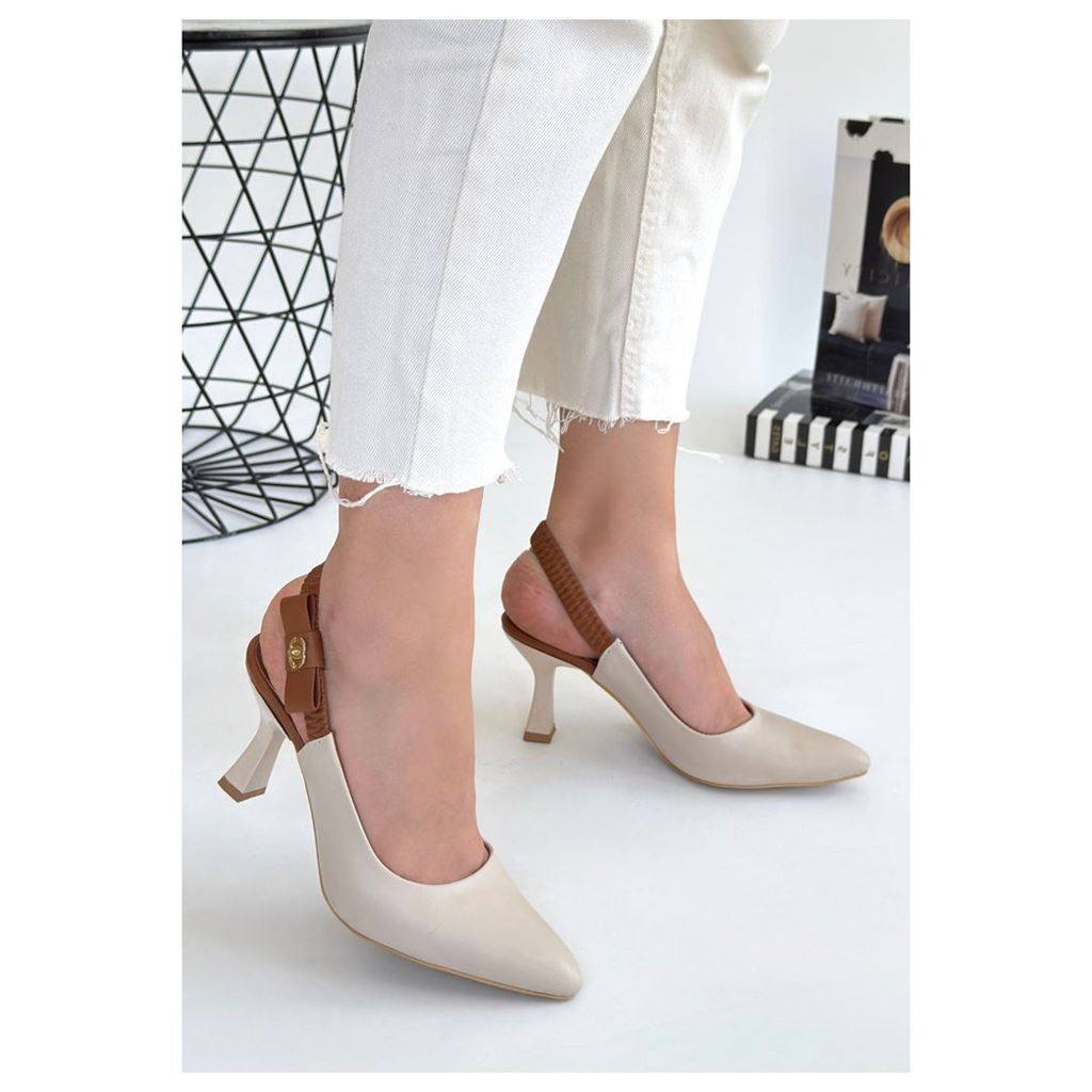 Toran Bej Cilt Sivri Burun Kadeh Topuk Arkası Açık Kadın Topuklu Ayakkabı