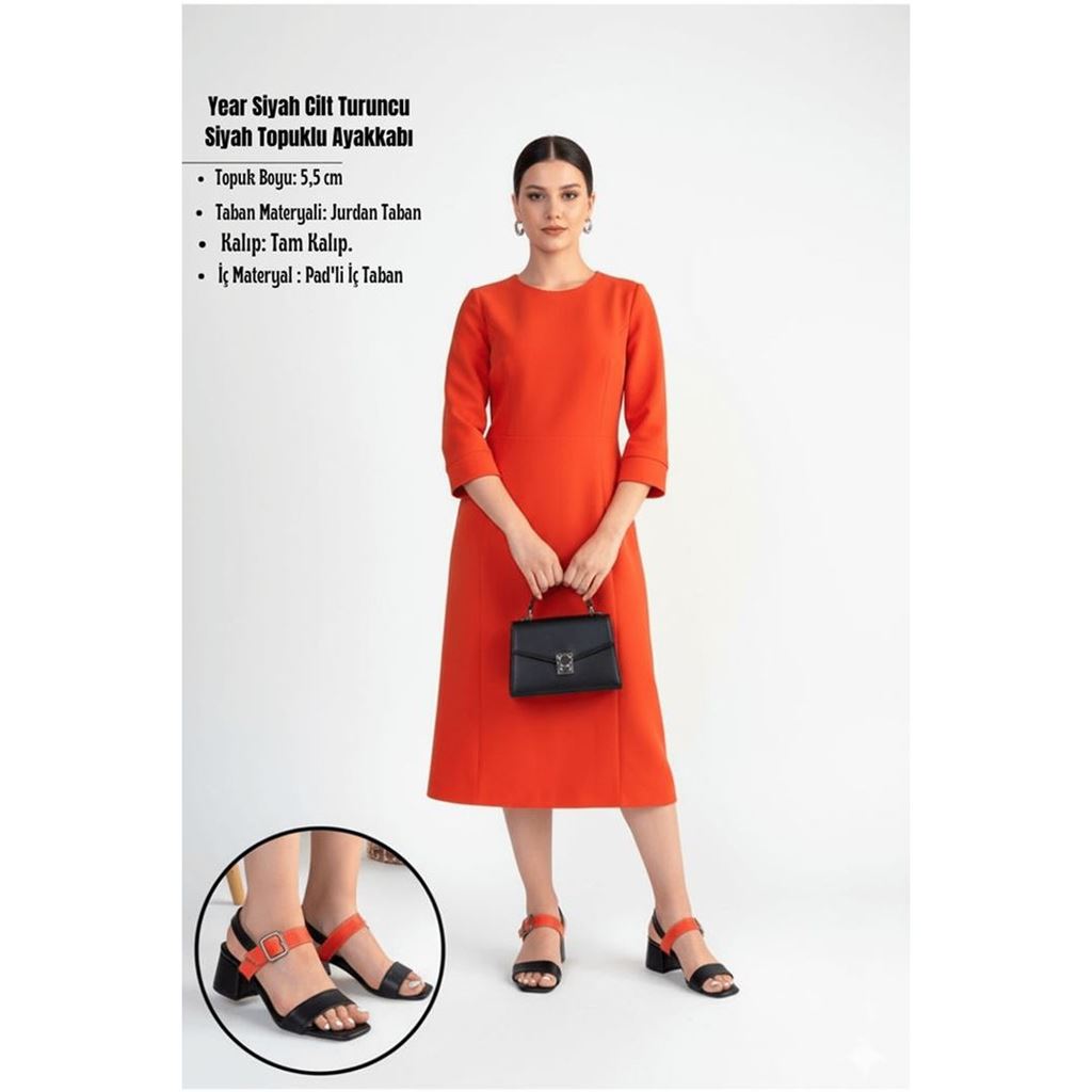 Year Siyah Cilt Turuncu Detaylı Siyah Topuklu Ayakkabı