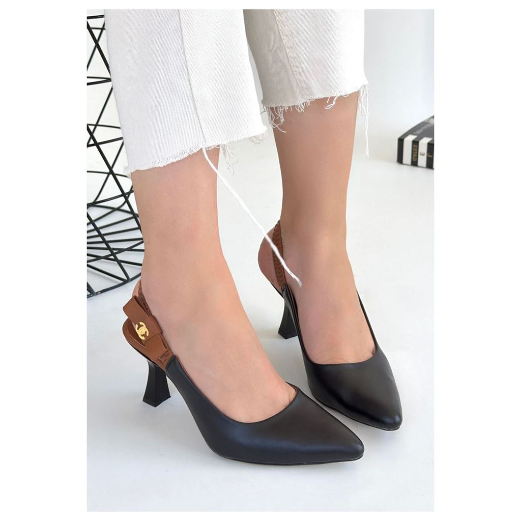 Toran Siyah Cilt Sivri Burun Kadeh Topuk Arkası Açık Kadın Topuklu Ayakkabı