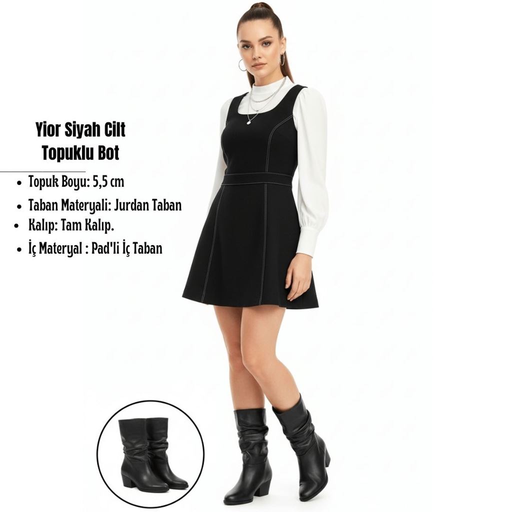 Yior Siyah Cilt Topuklu Bot