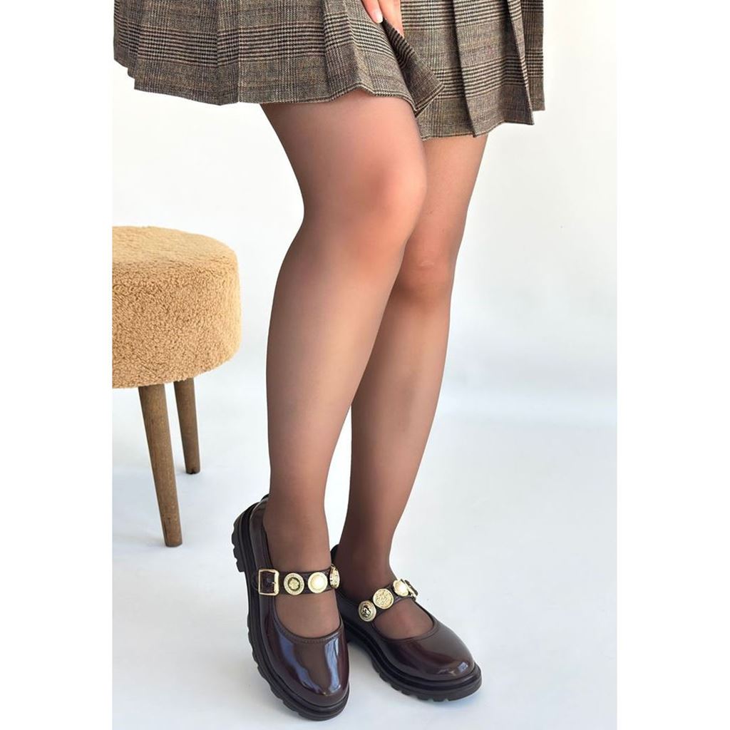 Okira Kahverengi Rugan Ortopedik Madalyonlu Kalın Taban Kadın Babet