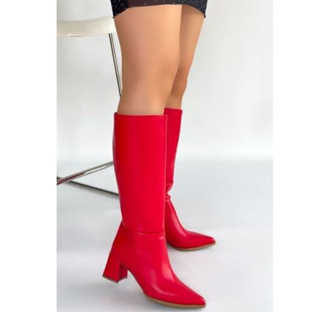 Roksa Kırmızı Cilt Topuklu Çizme