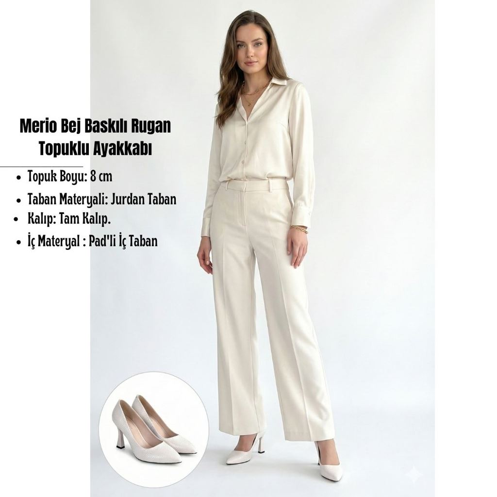 Merio Bej Baskılı Rugan Topuklu Ayakkabı
