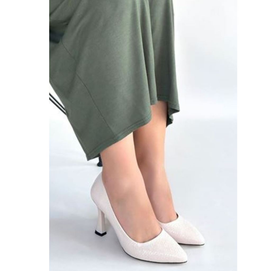 Merio Bej Baskılı Rugan Topuklu Ayakkabı