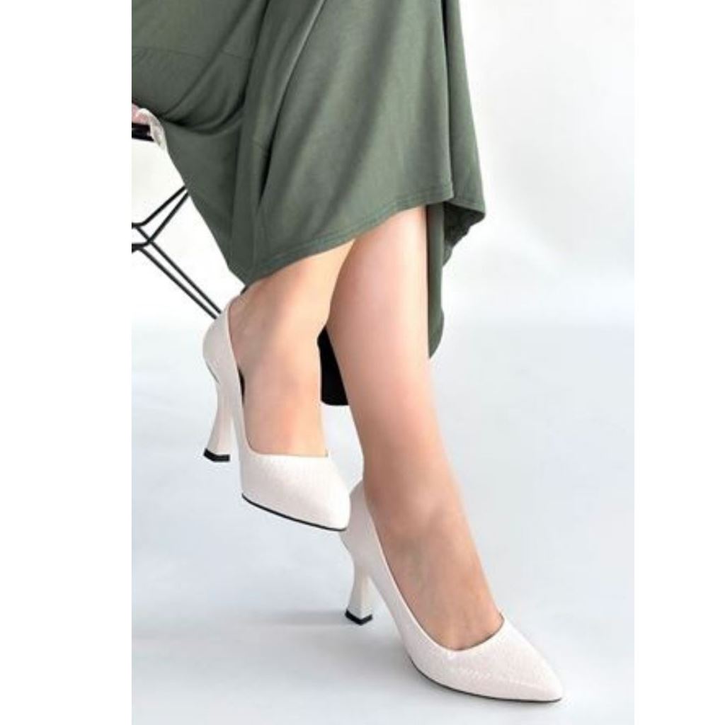 Merio Bej Baskılı Rugan Topuklu Ayakkabı