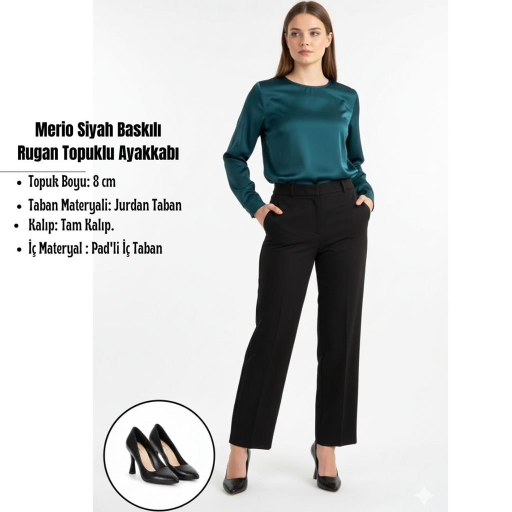 Merio Siyah Baskılı Rugan Topuklu Ayakkabı