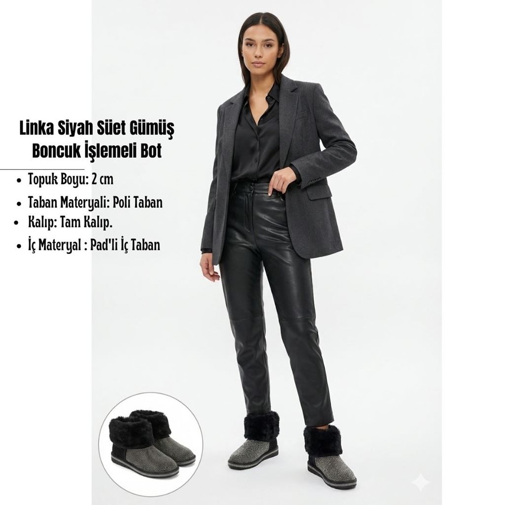 Linka Siyah Süet Gümüş Boncuk İşlemeli Bot