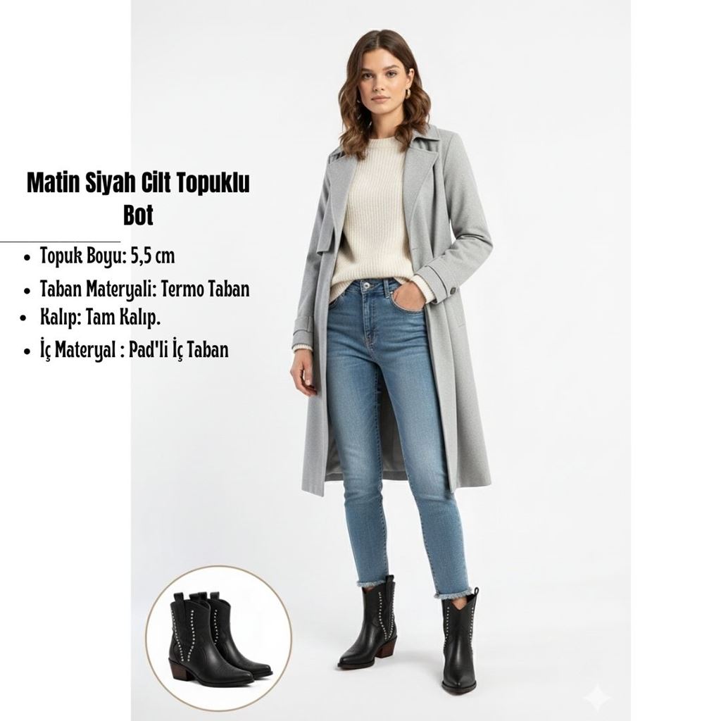 Matin Siyah Cilt Topuklu Bot