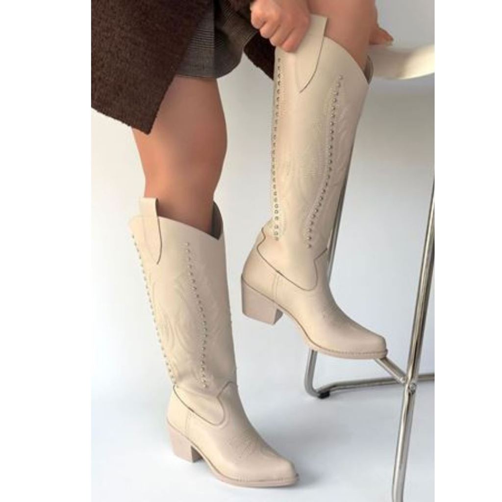 Meof Bej Cilt Topuklu Çizme