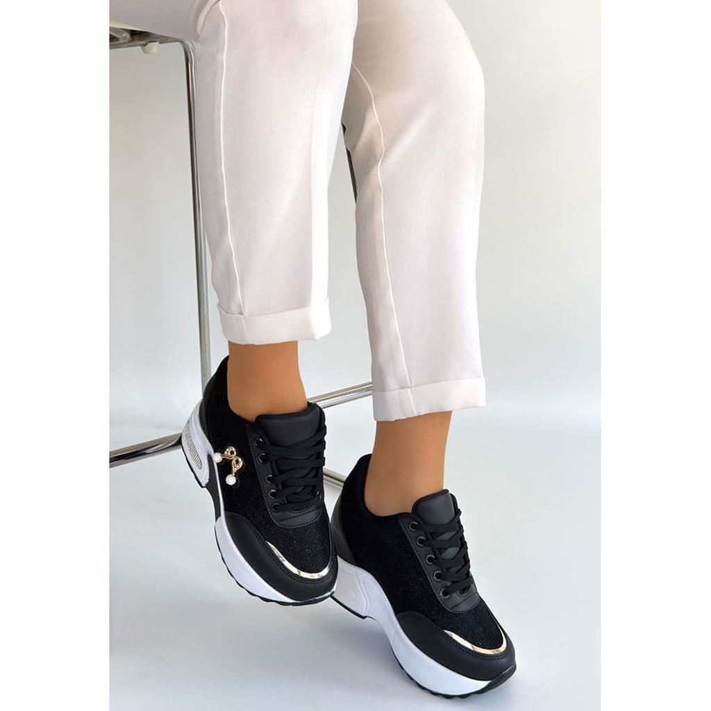 Wody Siyah Cilt Simli Bağcıklı Spor Ayakkabı