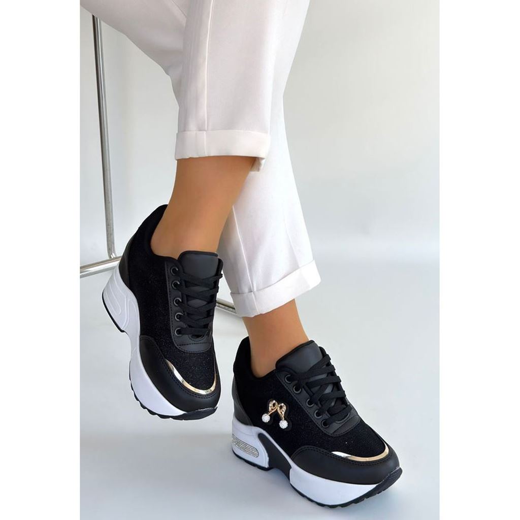 Wody Siyah Cilt Simli Bağcıklı Spor Ayakkabı