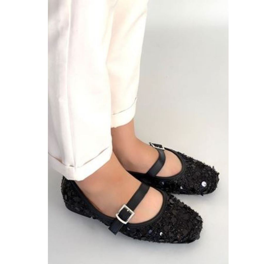 Zaty Siyah Süet Siyah Pullu Babet Ayakkabı