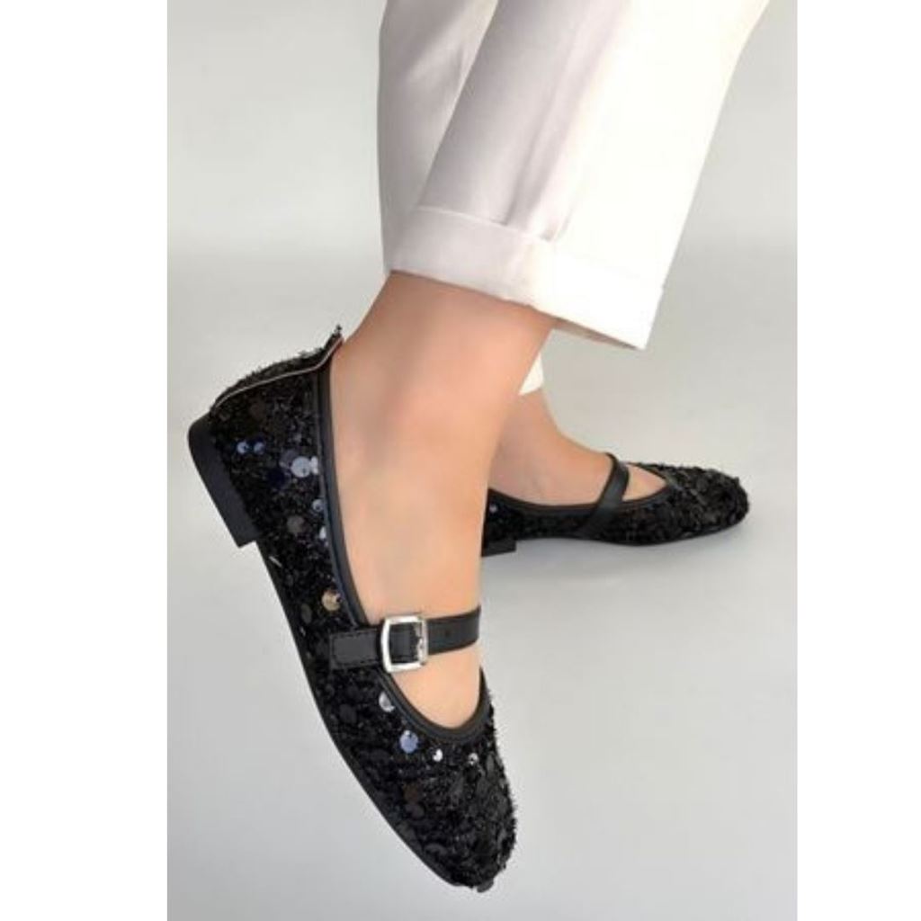 Zaty Siyah Süet Siyah Pullu Babet Ayakkabı