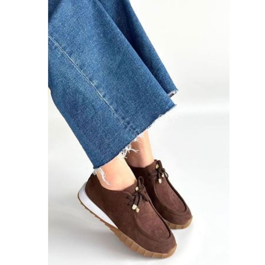 Sier Kahverengi Süet Bağcıklı Spor Ayakkabı