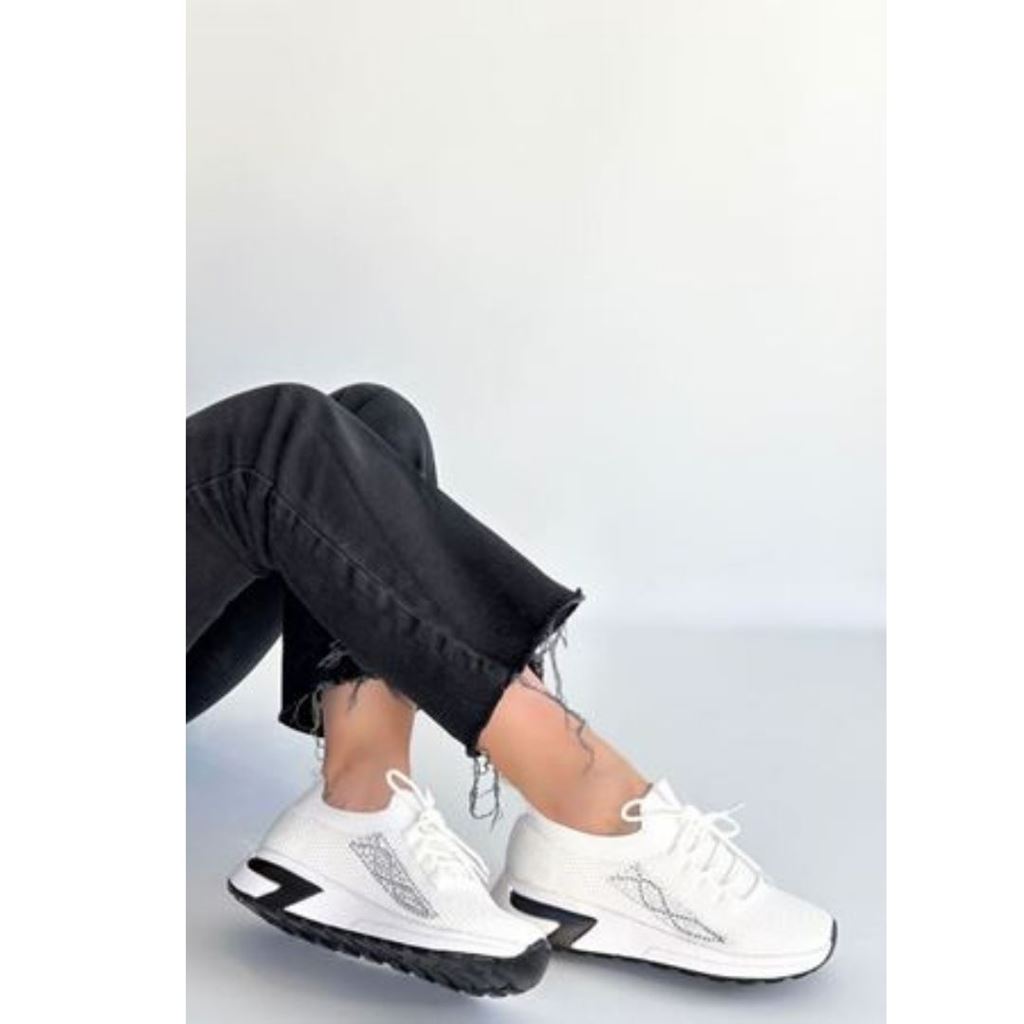 Belan Beyaz Triko Bağcıklı Spor Ayakkabı