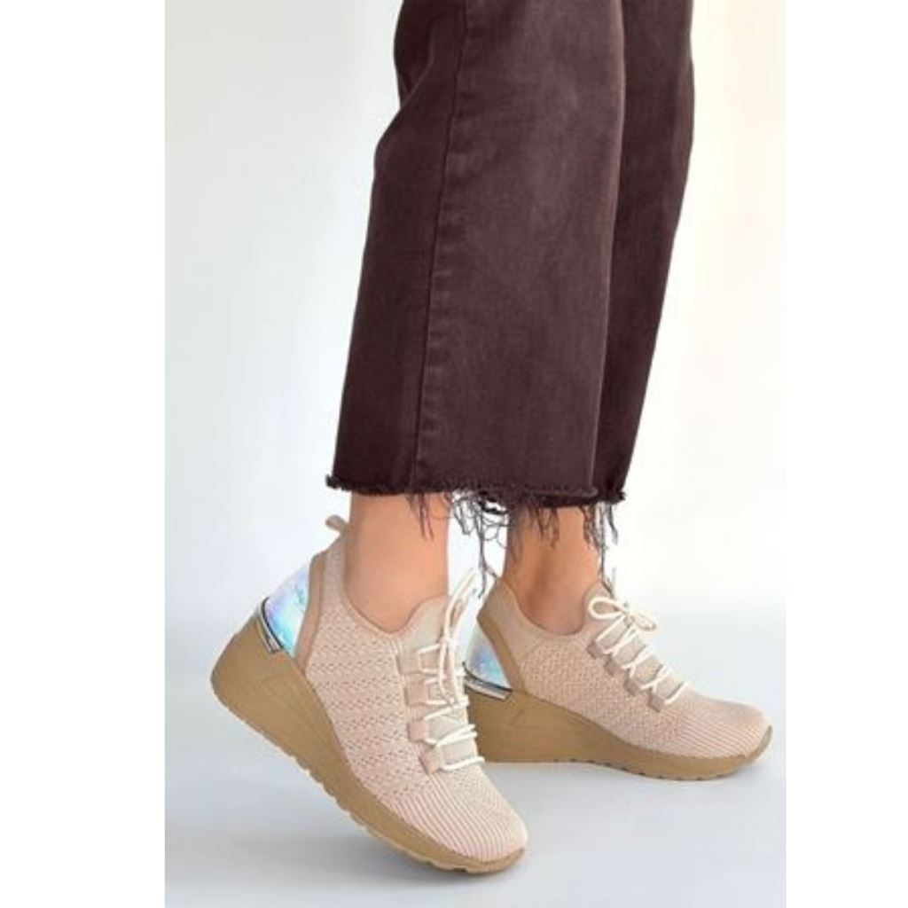 Weor Bej Triko Bağcıklı Spor Ayakkabı