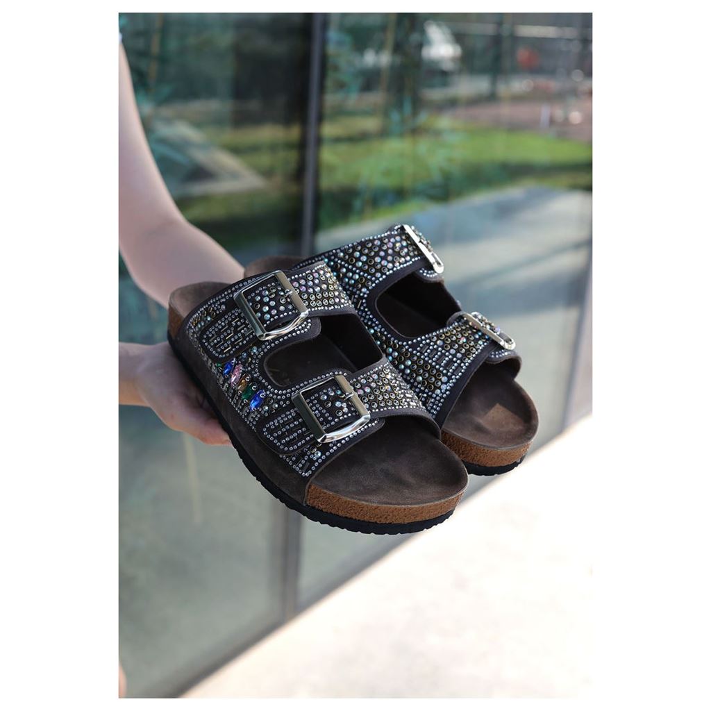 Edaj Kahverengi Nubuk Boncuk İşlemeli Terlik