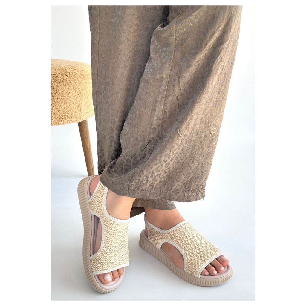 Wayi Bej Platform Tabanlı Hasır Örgü Arkası Lastikli Kadın Sandalet