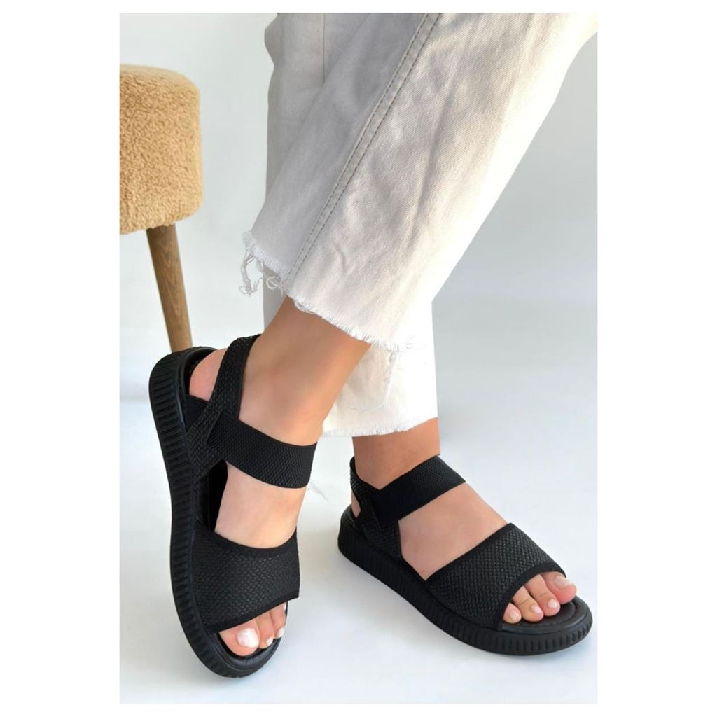 Jake Siyah Hasır Örgülü Lastikli Konforlu Günlük Sandalet