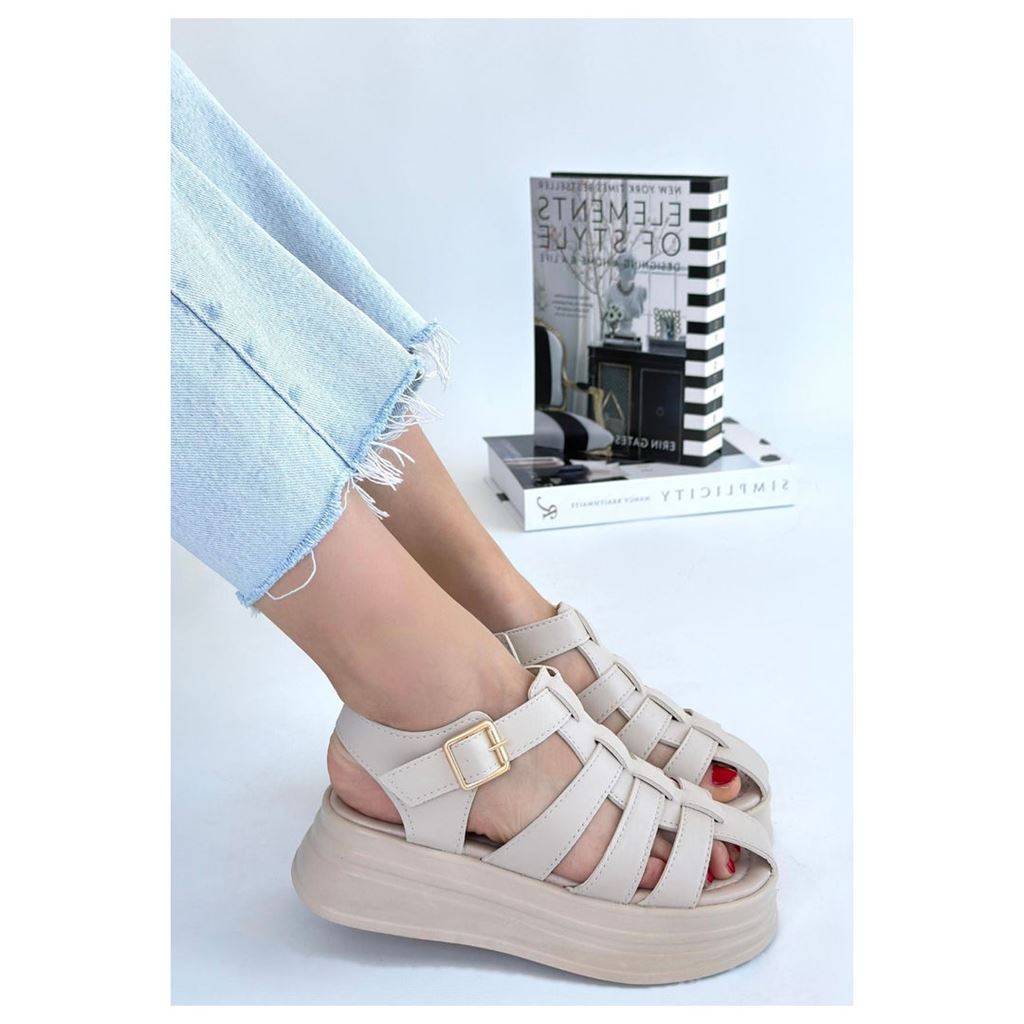 Toten Bej Cilt Kemerli Sandalet