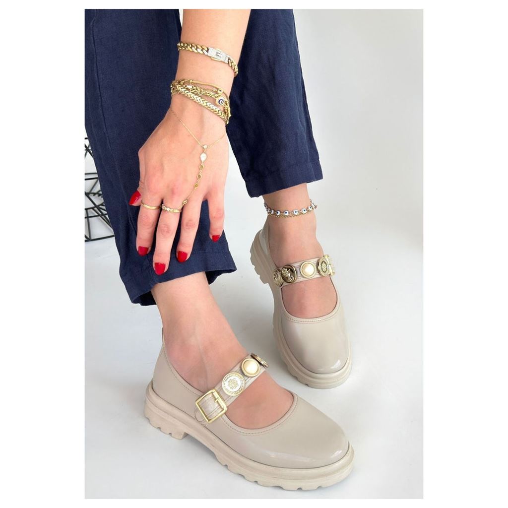 Okira Bej Rugan Ortopedik Madalyonlu Kalın Taban Kadın Babet