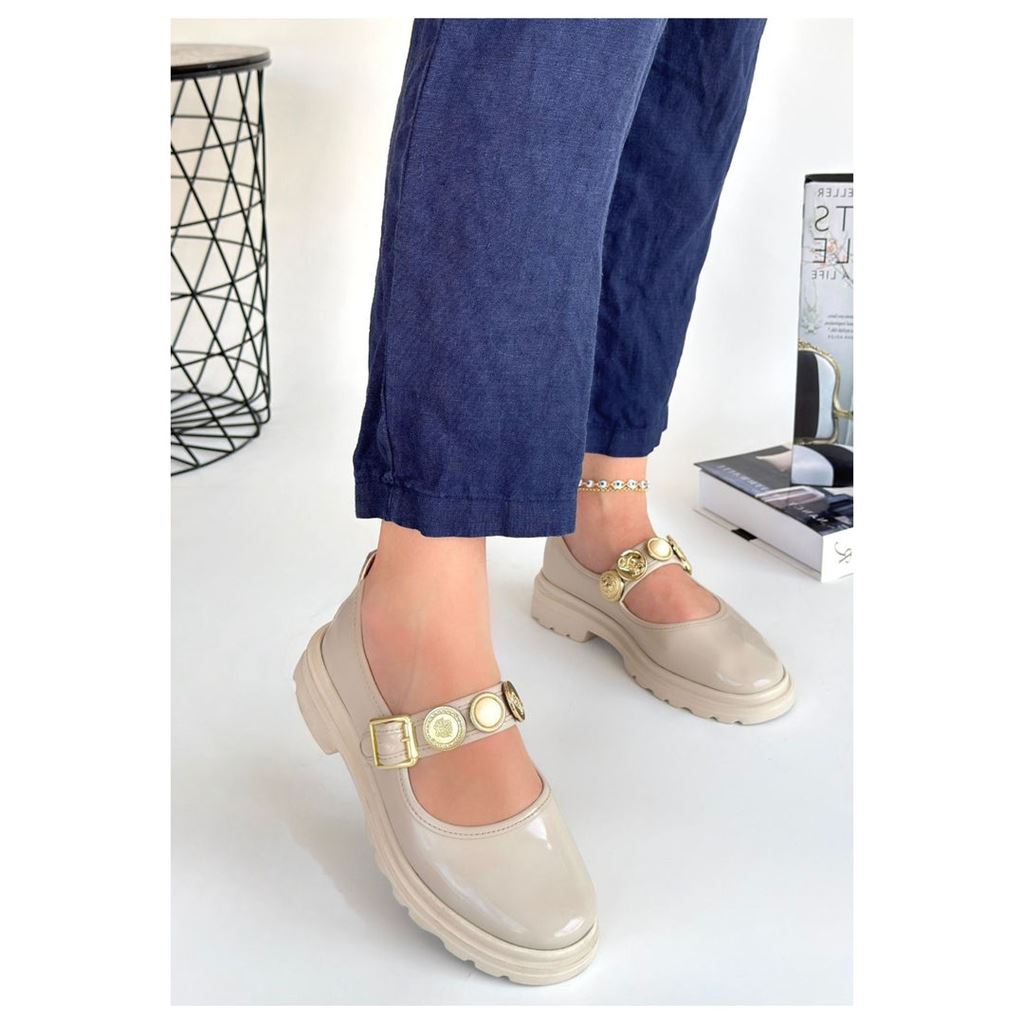 Okira Bej Rugan Ortopedik Madalyonlu Kalın Taban Kadın Babet