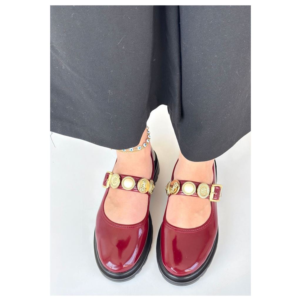 Okira Bordo Rugan Ortopedik Madalyonlu Kalın Taban Kadın Babet