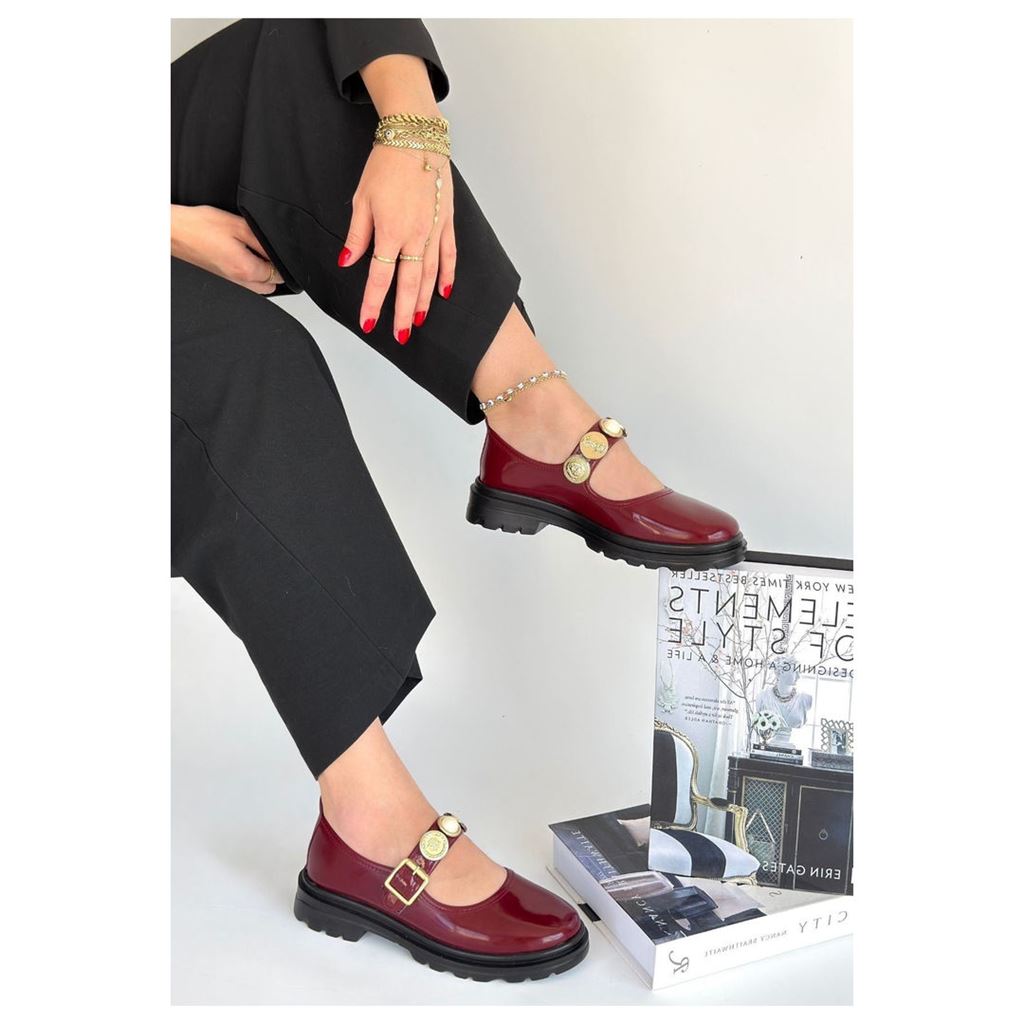 Okira Bordo Rugan Ortopedik Madalyonlu Kalın Taban Kadın Babet