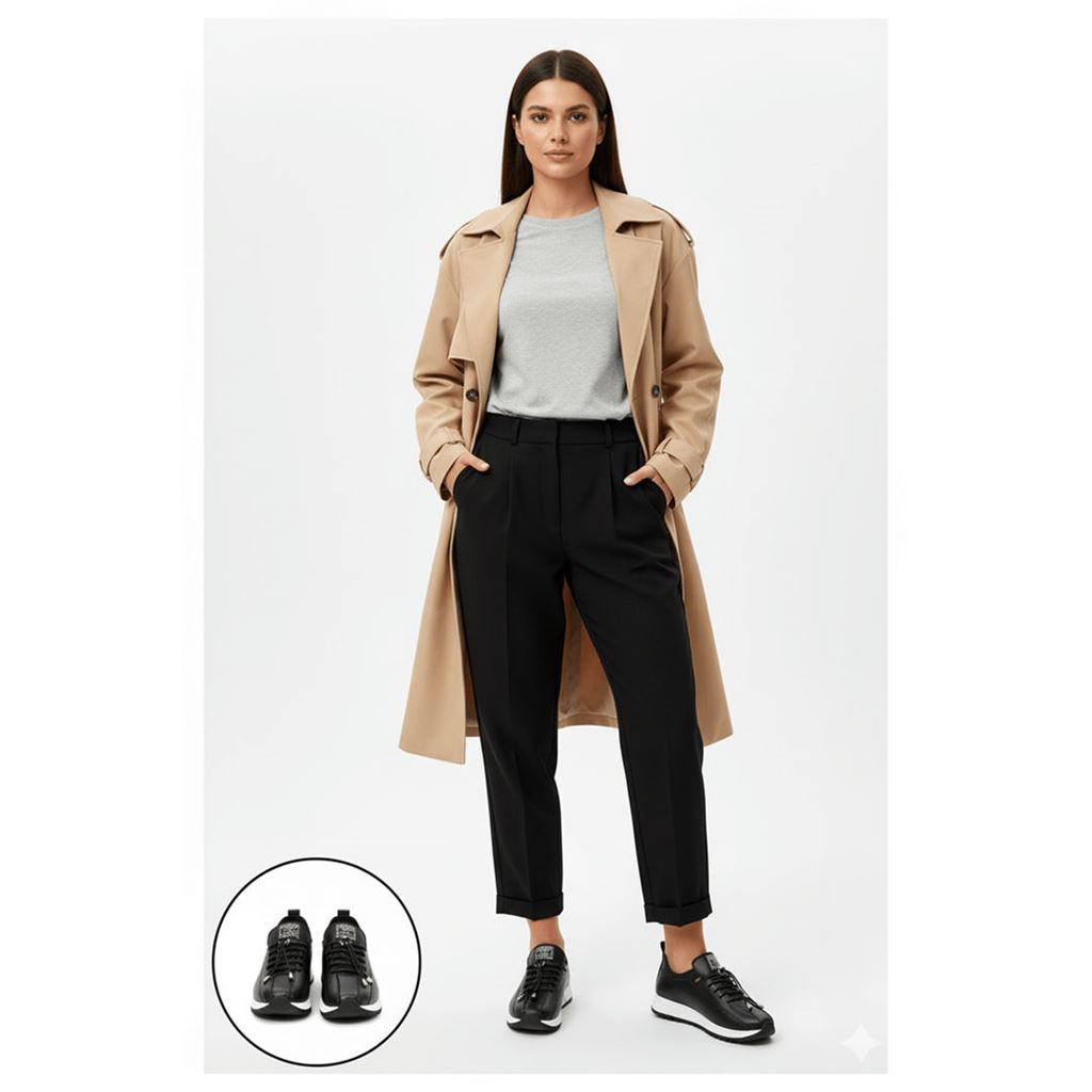 Monya Siyah Cilt Bağcıklı Spor Ayakkabı