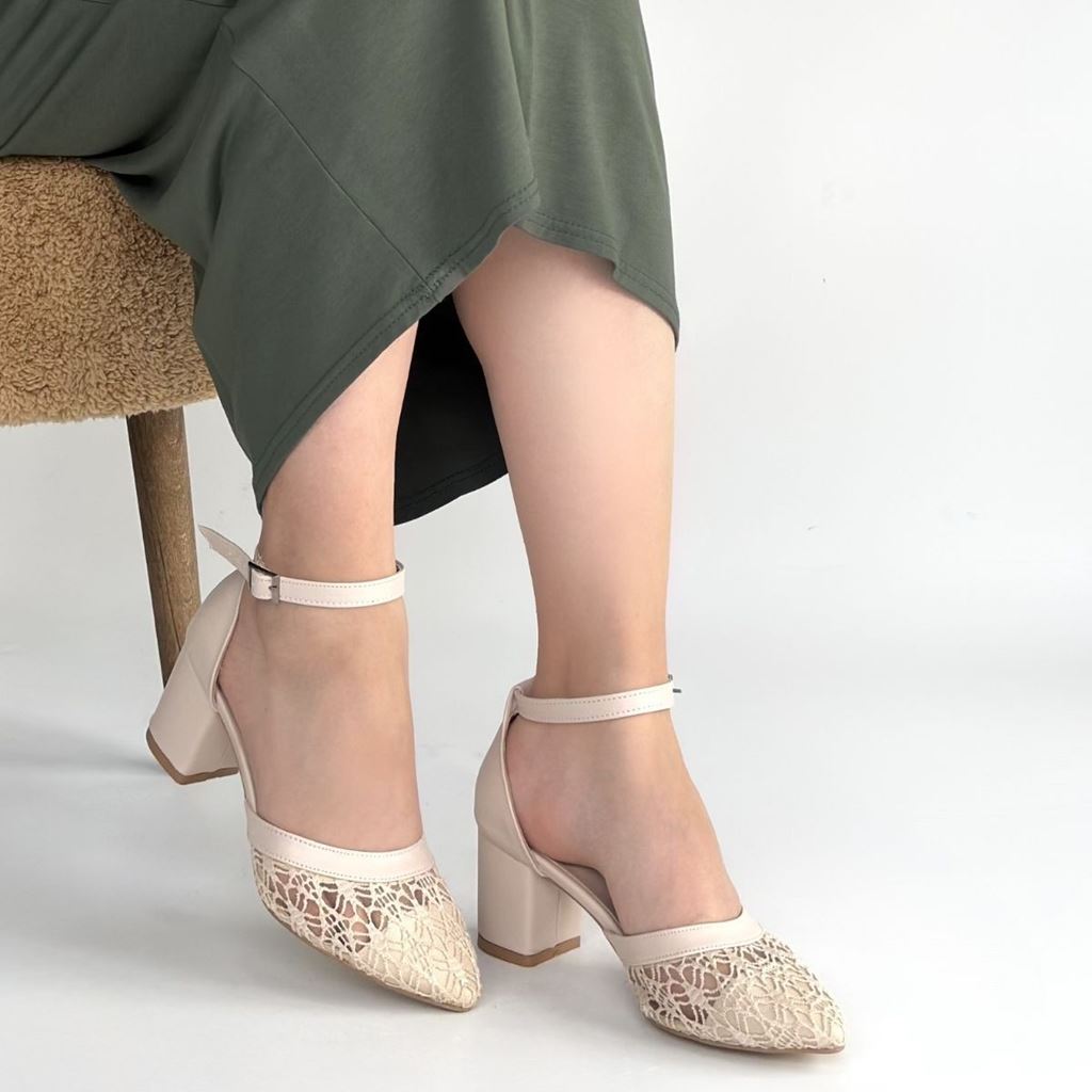 Dmop Bej Cilt Tül Detaylı Topuklu Ayakkabı