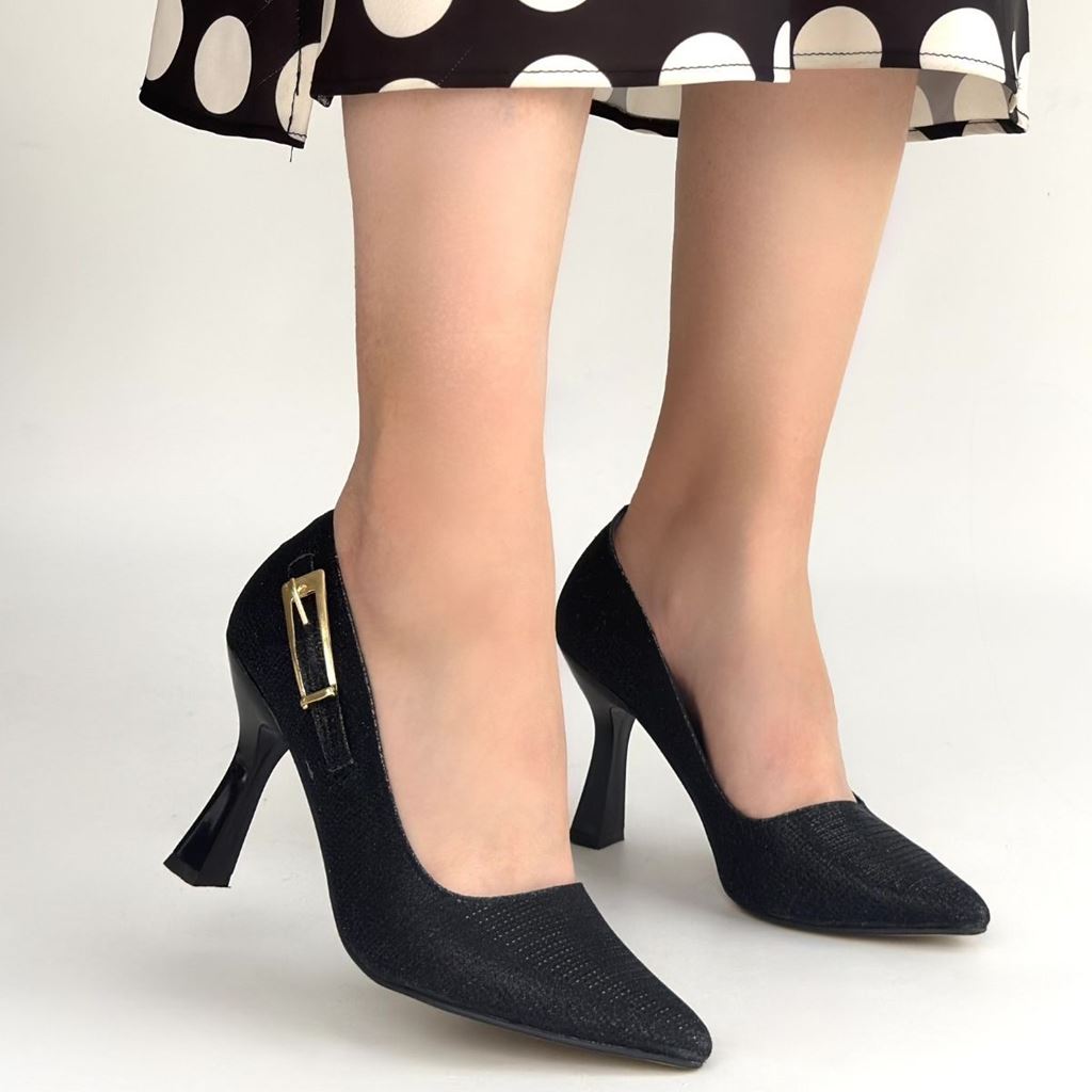 Cerin Siyah Saten Simli Topuklu Ayakkabı