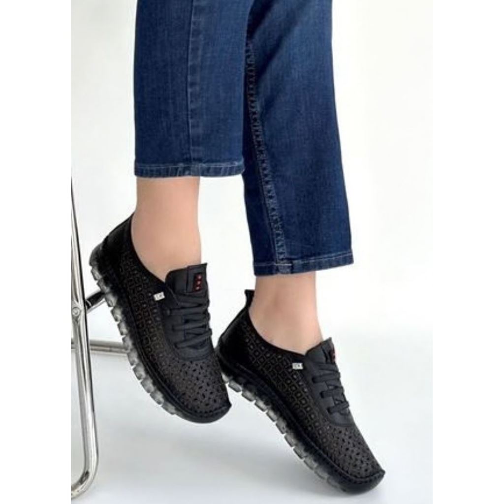 Otja Siyah Deri Lazerli Bağcıklı Spor Ayakkabı